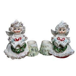 Vintage Commodore Christmas Angel Candleholder Figurine Spaghetti Trim Pair